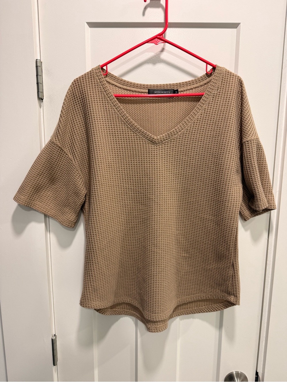 Tan Waffle V-Neck Top